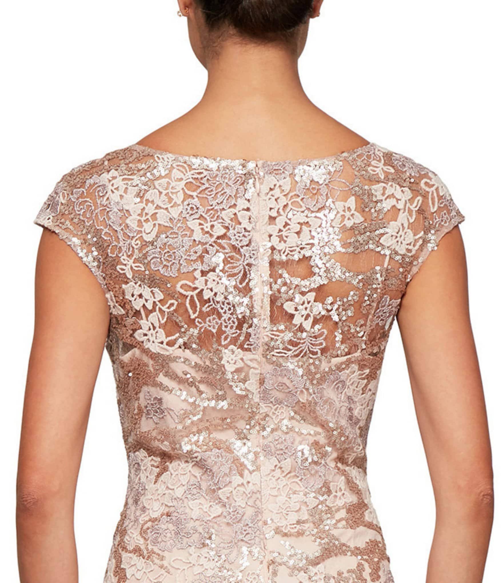 Alex Evenings Illusion Cap Sleeve Embroidered Lace Godet Gown - 16