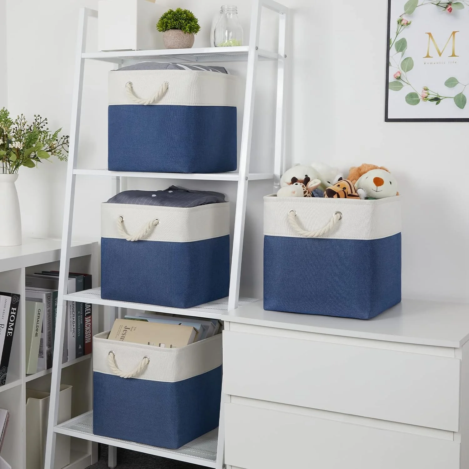 Fabric Storage Cubes for Organizing 4Pack Blue Fabric Storage Basket 12 Inch Cube Storage Bins with Handles for Organizing Toys