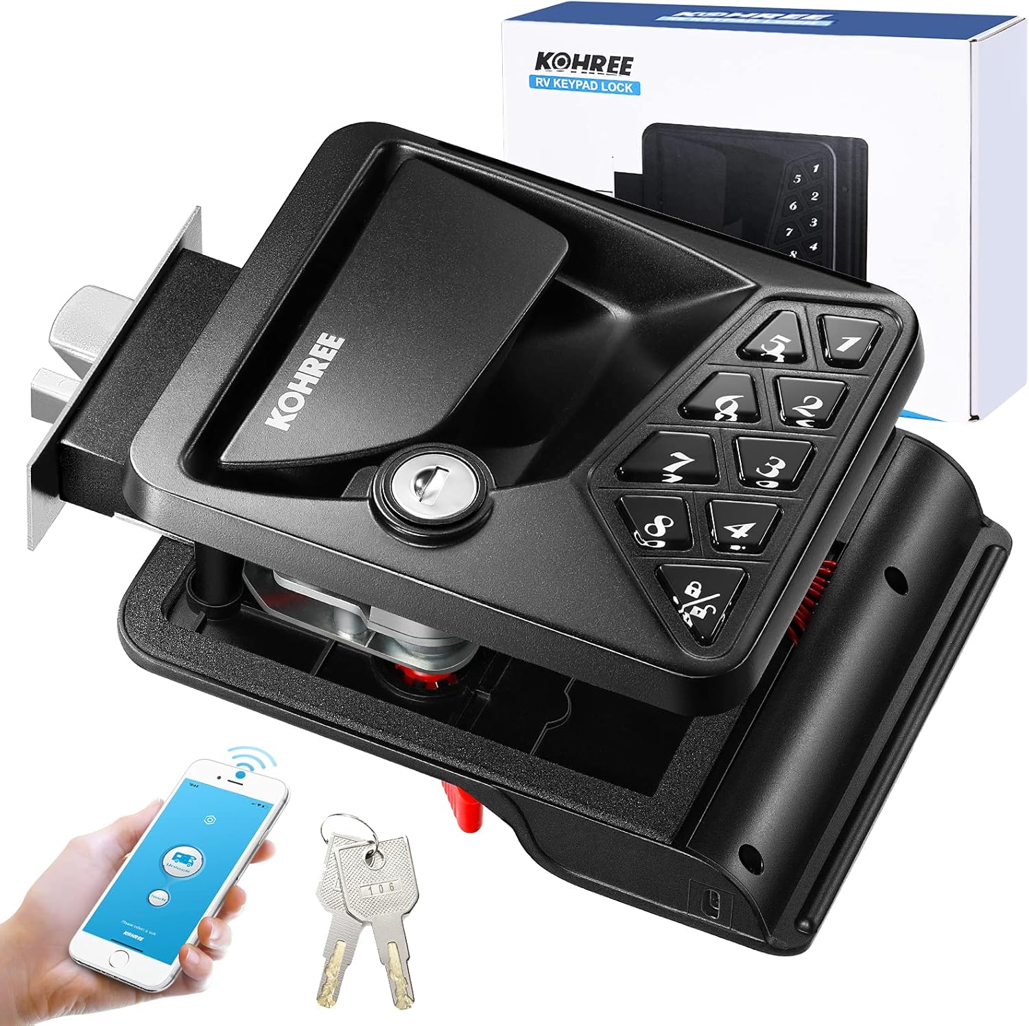 Kohree RV Lock Keyless Entry Backlit Keypad, Waterproof Control Door Lock Latch Handle with Knob Deadbolt, via Phone App/Remote Key/Password