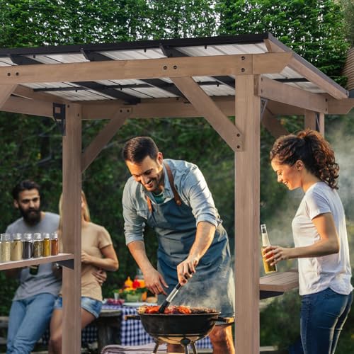 8x6 FT Wood Grill Gazebos, BBQ Wooden Gazebo with Hardtop Sloping Steel Roof, Wood Outdoor Pavilion with 2 Side Storage Shelves