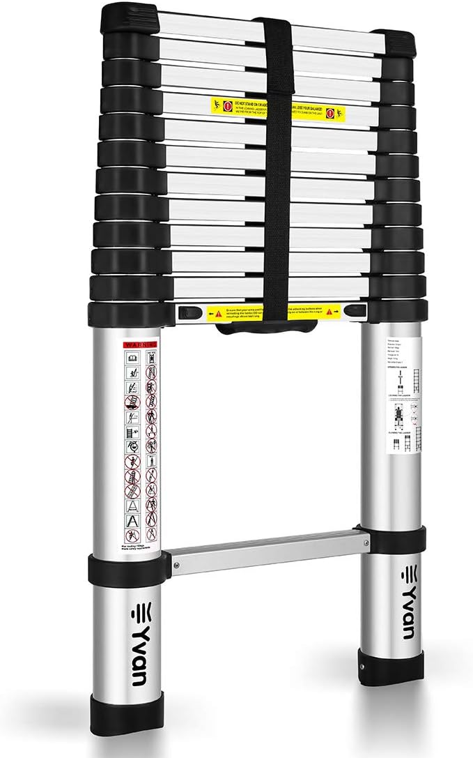 Yvan Telescoping Ladder,12.5 FT One Button Retraction Aluminum Telescopic Extension Extendable Ladder
