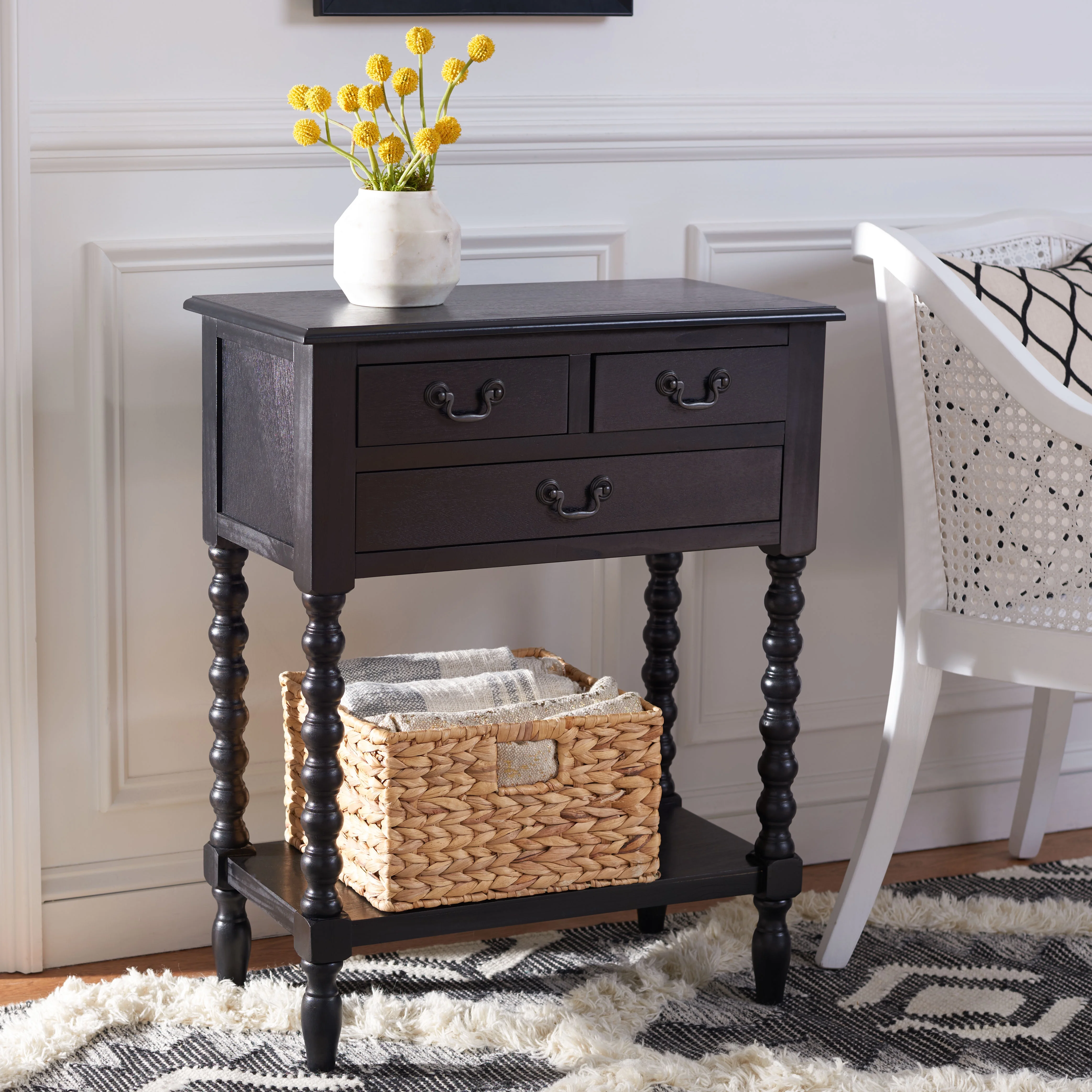 SAFAVIEH Athena French 3-Drawer Black Wood Rectangle Console Table (23.5 in. W x 13 in. D x 29.5 in. H)