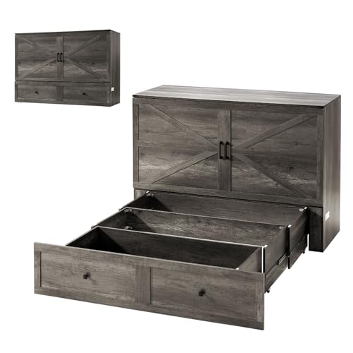 AMERLIFE Queen Murphy Bed with Storage & Charging Station, Farmhouse Murphy Cabinet with Foldable Panel, Noisy Free, for Guest Bedroom, Living Room