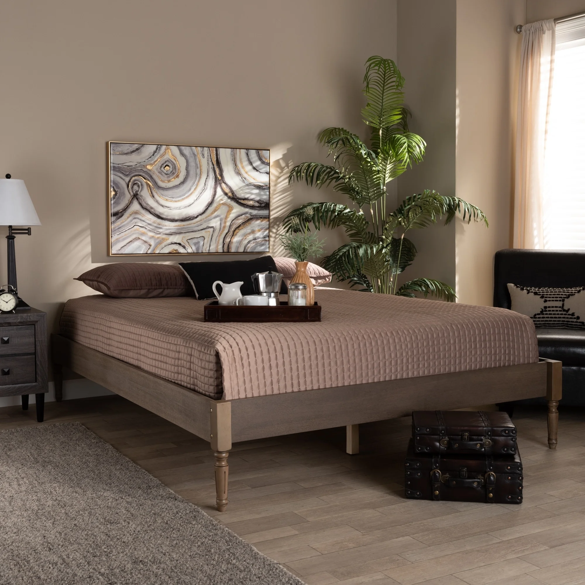 Baxton Studio Colette French Bohemian Wood Platform Bed Frame Antique oak Full