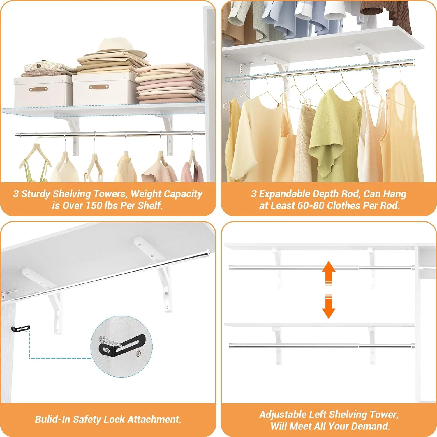 Homieasy 96'' Closet System, 8FT Walk In Closet Organizer with 3 Shelving Towers, Heavy Duty Bedroom Wardrobe with 5 Shelves