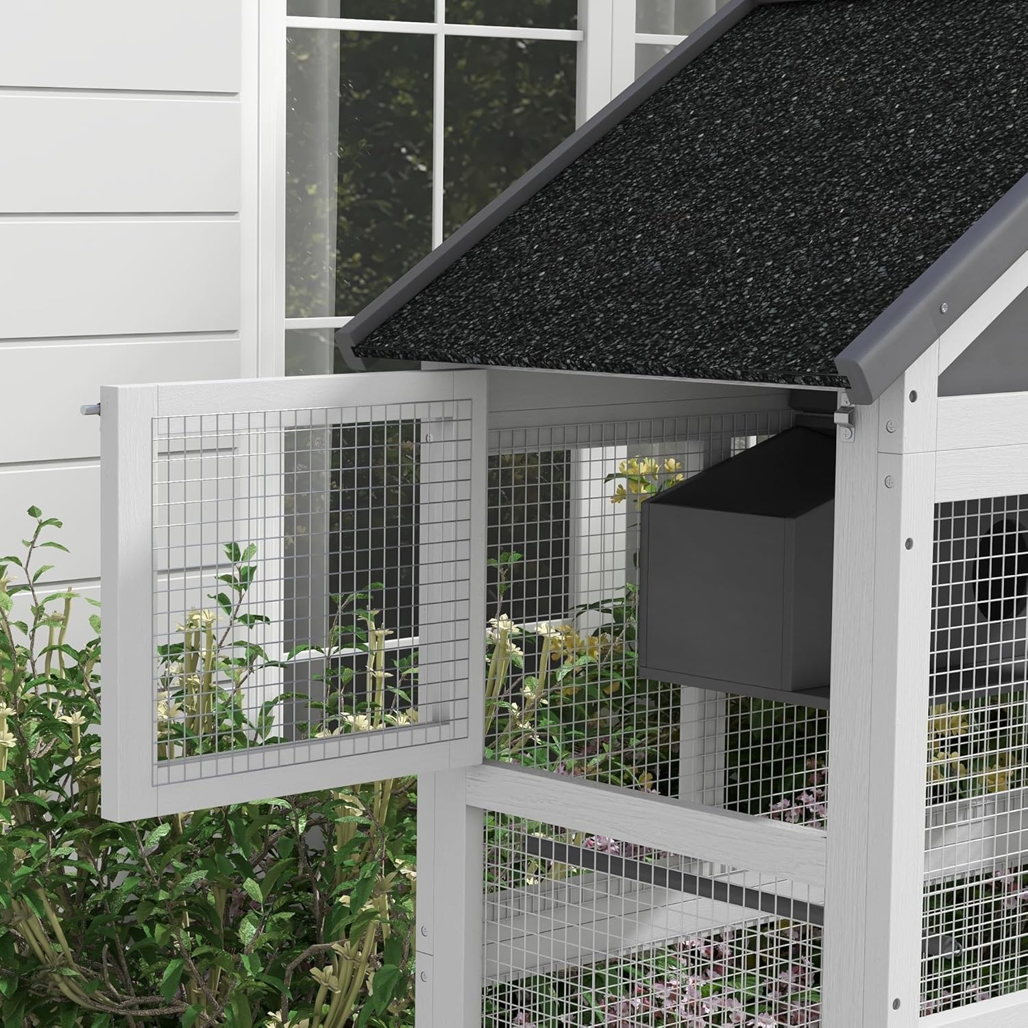 PawHut Wooden Bird Aviary, 67" Outdoor Bird Cage with Slide-Out Tray, Three Doors, Birdhouse, Ladder, Perches for Finches, Parakeets, Gray