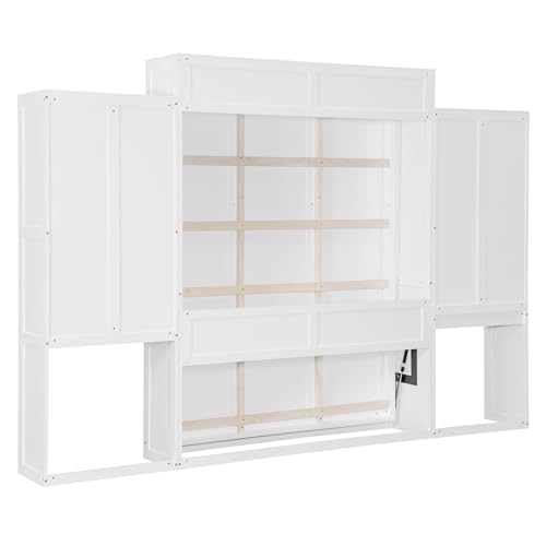 SOFTSEA Queen Size Murphy Bed with Desk and Storage, Wood Queen Wall Bed Frame with Vanity & Shelves, Space-Saving for Guest Room, Bedroom or Office