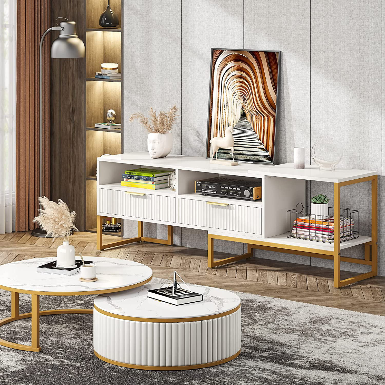 63" Wide TV Stand for TVs up to 65 55 inches, White and Gold Television Stands Entertainment Centers with 2 Drawers and Open Shelves