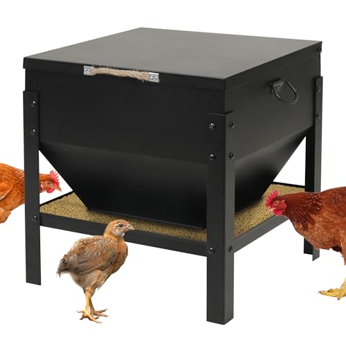 Solution4Patio All Metal Chicken Feeding Box 80 lbs Large Capacity Portable, Waterproof Lid, Hens and Roosters, No Waste Coop Poultry