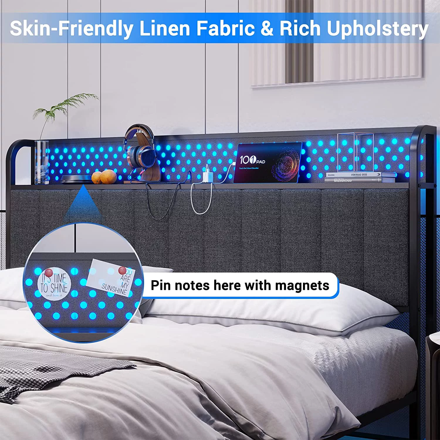 ADORNEVE Queen LED Bed Frame with Storage Headboard, Upholstered Platform Bed with Outlets and USB Ports, No Box Spring Needed, Dark Grey
