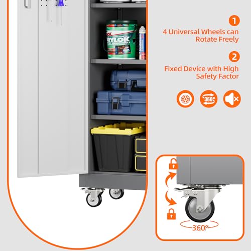 Aobabo 71" H×32" W×16" D Metal Storage Cabinet with Wheels, Garage Steel Storage Cabinet with 5 Adjustable Shelves and 4 Hooks for Home Office
