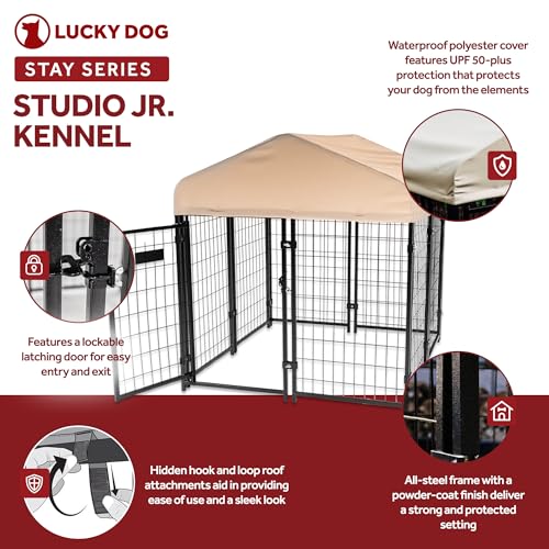 Stay Series 4 by 4 by 4.3 Feet Studio Jr. Black Powder Coat Steel Frame Outdoor Dog Kennel with Waterproof Canopy Roof and Gate Door, Khaki