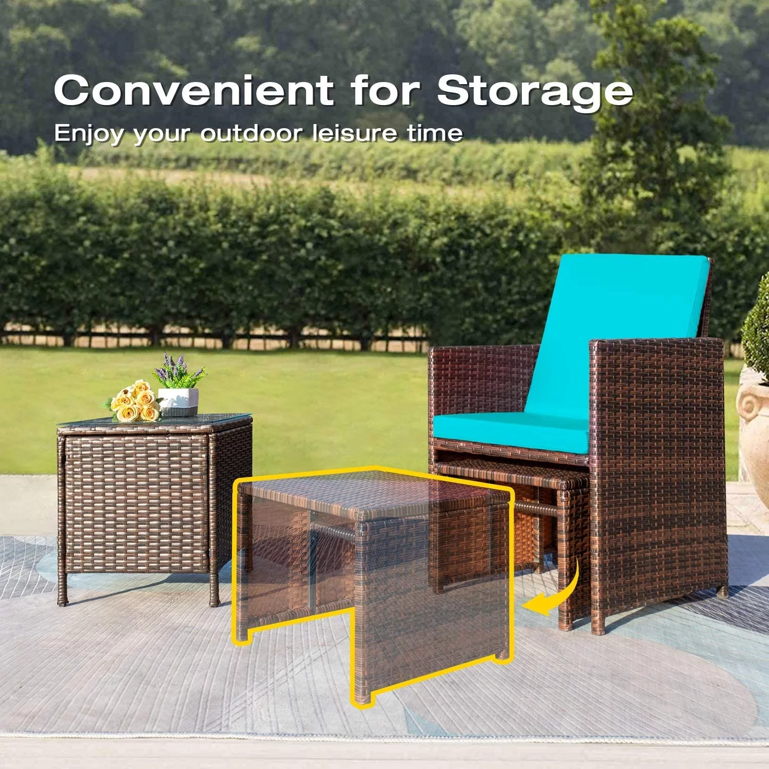 Vineego 7-Pieces Patio Furniture Set Outdoor All Weather Cushioned Wicker Chairs with Ottoman and Glass Table, Blue