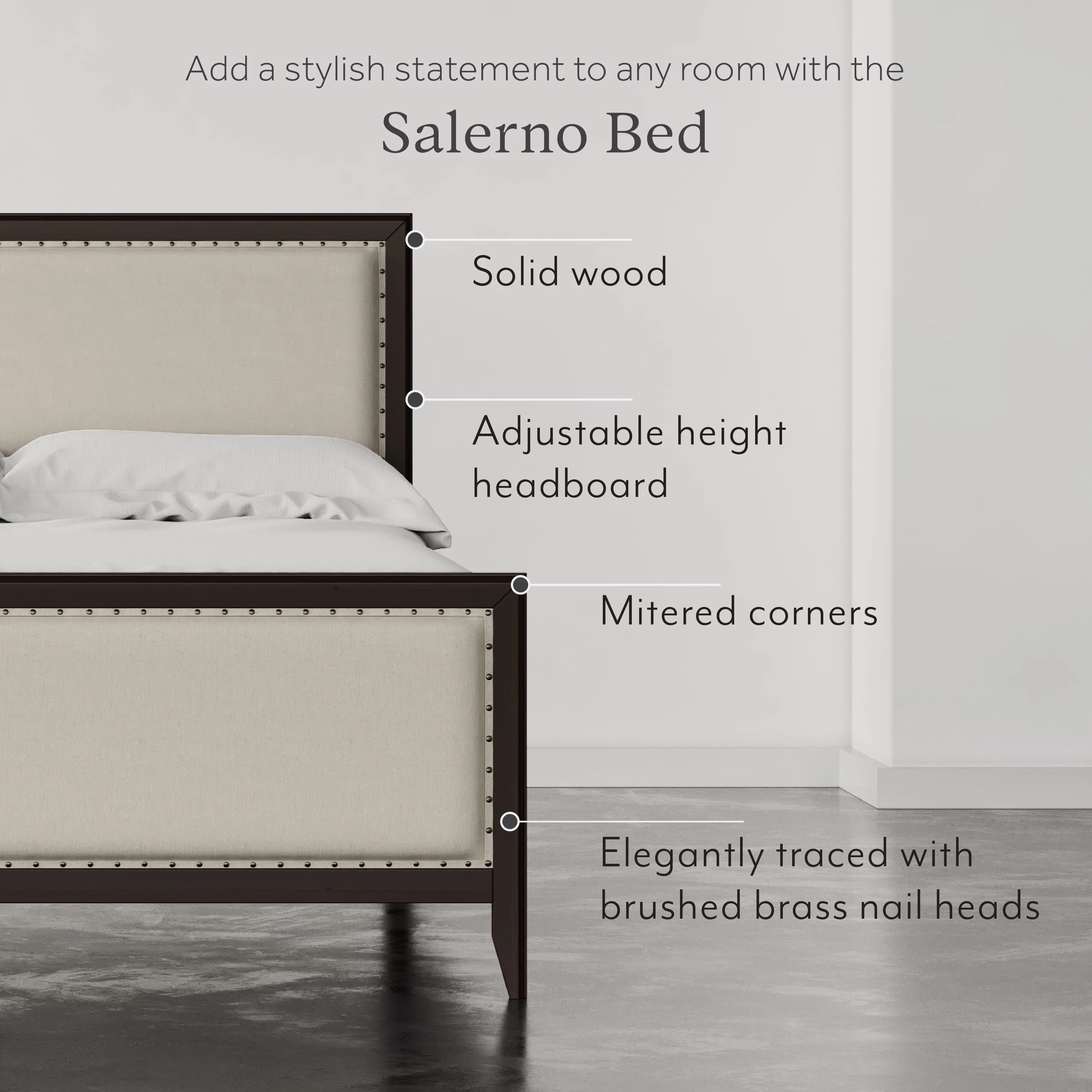 DG Casa Salerno Upholstered Wood Platform Bed Frame with Nailhead Trim Adjustable Height Headboard and Full Wooden Slats Box Spring Not Required