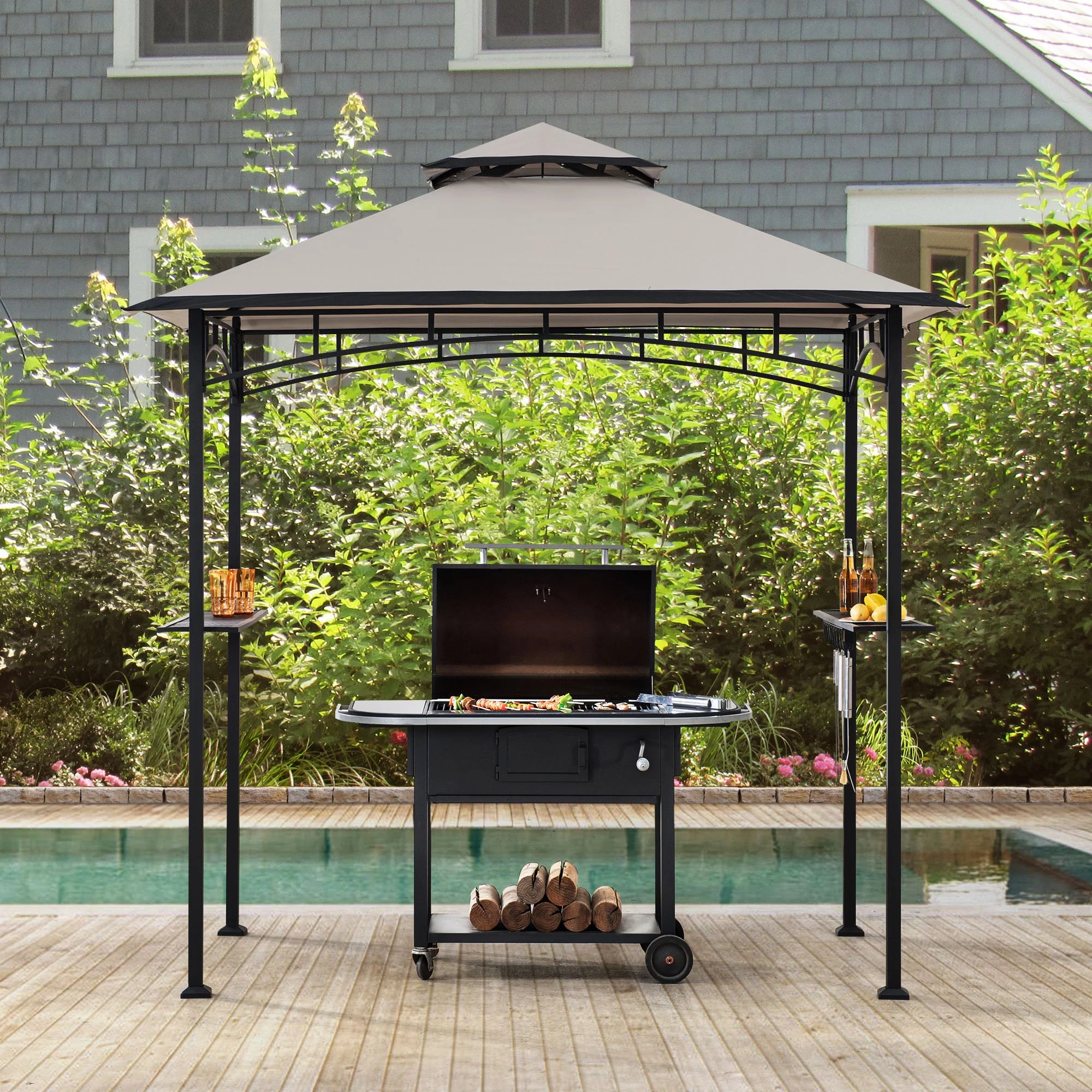 Sunjoy 5 x 8 ft Black Steel Frame Double Tiered Canopy Grill Gazebo for Outdoor, Patio, Garden, and Backyard Activities,Gray and Black