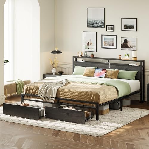 LIKIMIO King Bed Frame with Storage Headboard, Platform Bed with Drawers and Charging Station, No Box Spring Needed, Easy Assembly, Vintage Brown