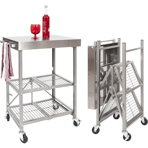 Origami Folding Kitchen Cart on Wheels, 3-Tier Foldable Rolling Cart - Chefs Outdoor Cart for Wine and Food, Microwave Cart, Plating Shelf
