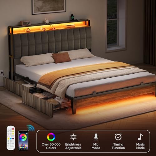 YITAHOME Queen Size Bed Frame with RGB LED Lights and 4 Drawers, Upholstered Platform Bed with Charging Station and Storage Headboard