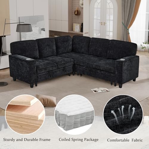 L-Shaped Pull Out Sleep Sofabed,Modern Reversible Sleeper Sectional Sofa Chenille Upholstered Button Tufted Decor with Storage Chaise