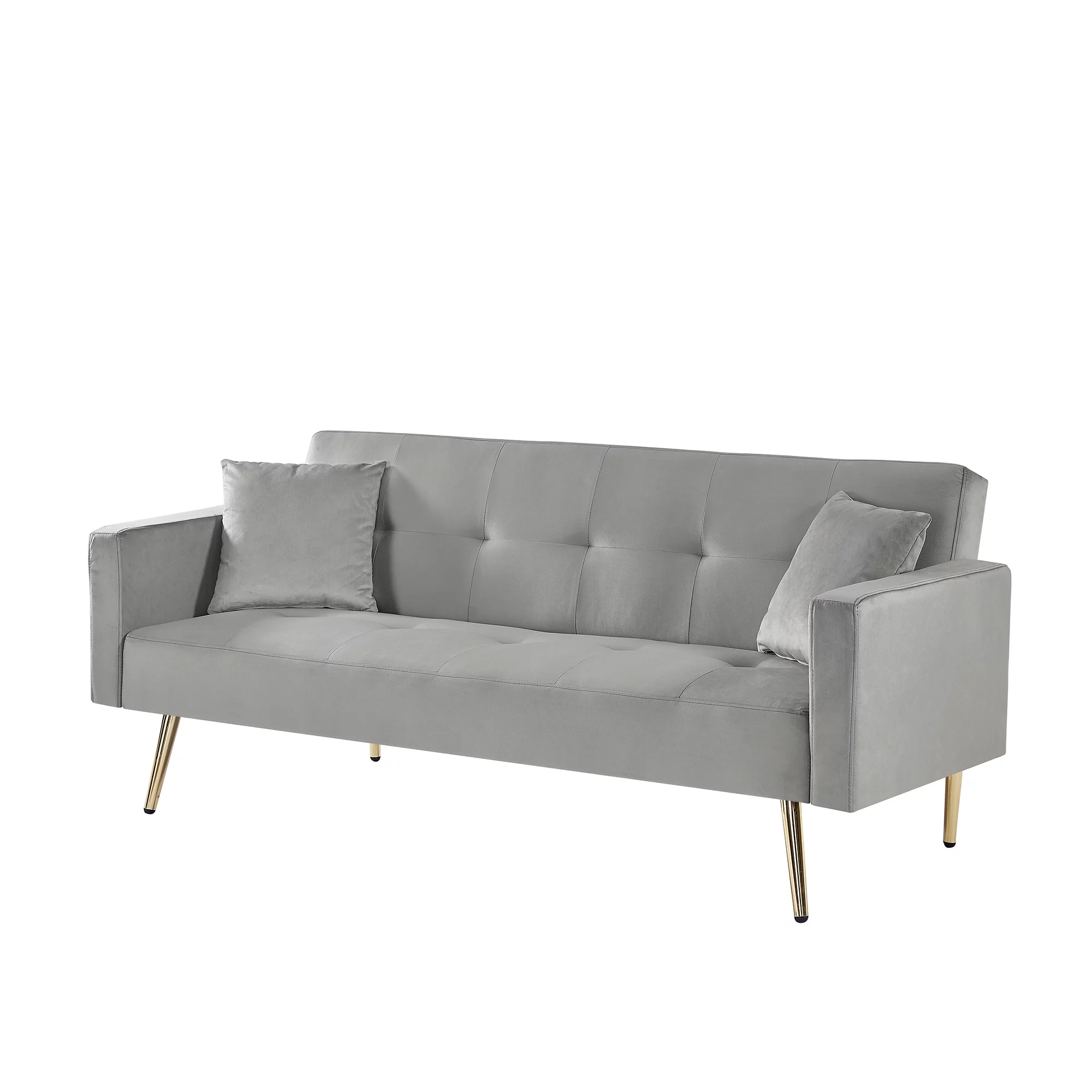 Gray Velvet Sofa, KAMIDA Futon Sofa Bed, Convertible Sofa Bed with 2 Pillows, Modern Couch and Sofa, Sofa Bed with Metal Legs