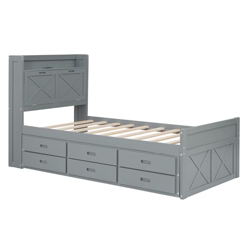 Harper & Bright Designs Twin Size Captain Platform Bed with Bookcase Headboard, Wood Twin Bed Frame with Storage Drawers and Shelves