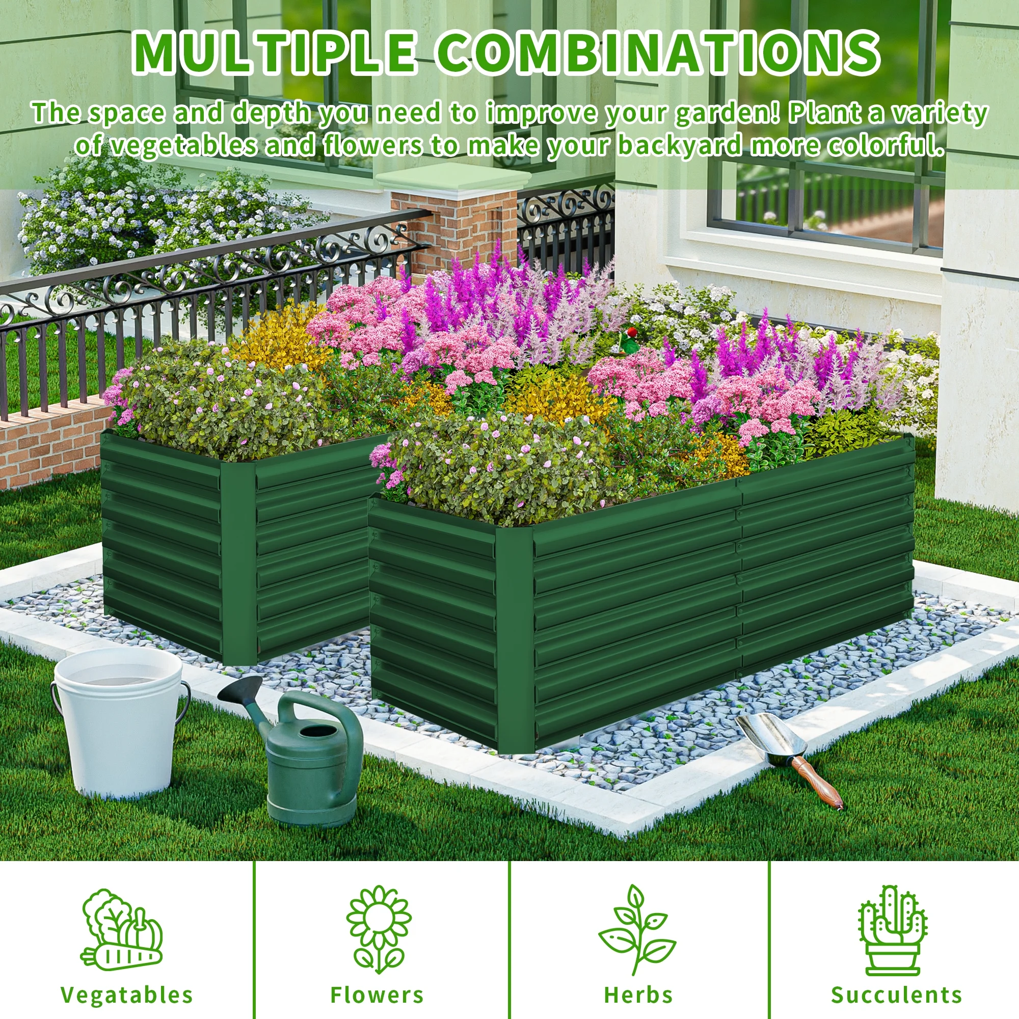 Outdoor Metal Raised Garden Bed,8x4x2ft Planter Box for Vegetables,Flowers,Herbs w/478 Gallon Capacity, Green - Curated Treasures Market