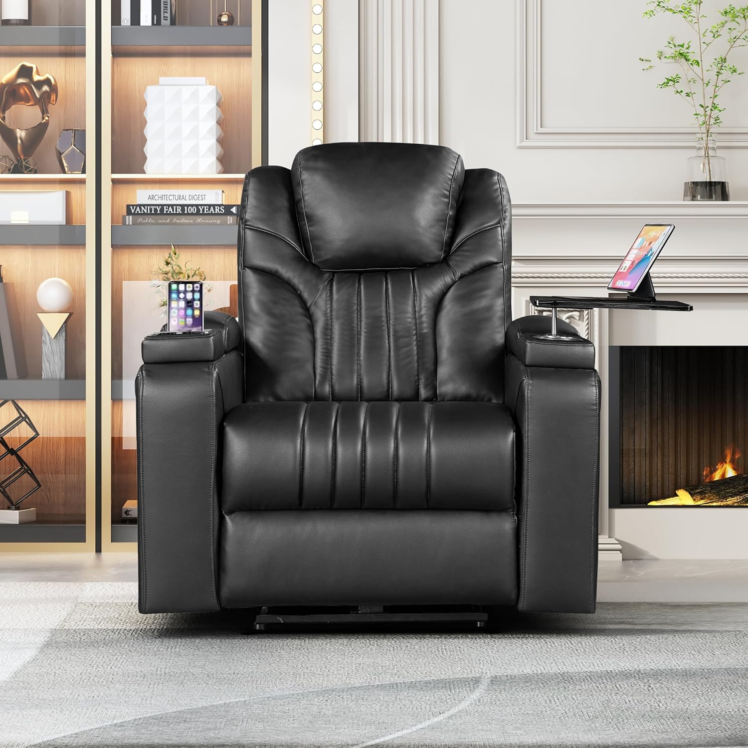 PU Leather Power Recliner Home Theater Recliner with Power Adjustable Headrest, Wireless Charging Device, USB Port, Storage Arms
