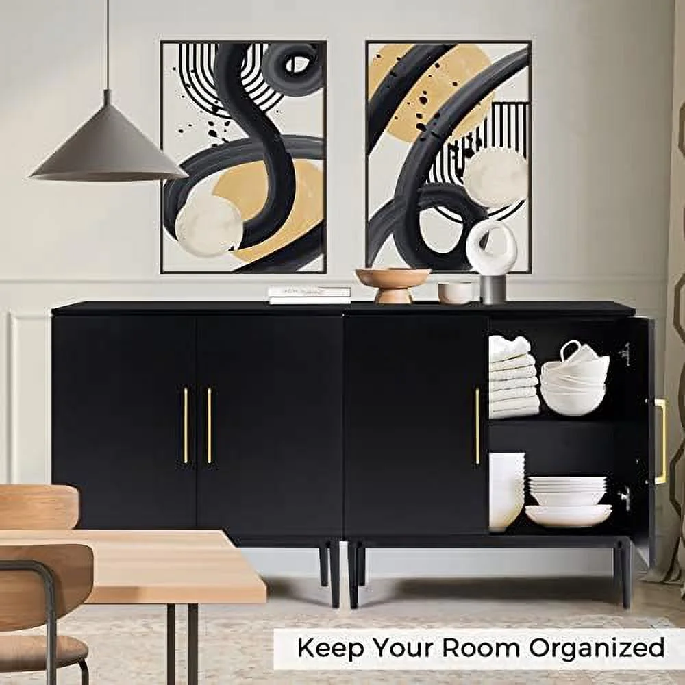 TJUNBOLIFE Set of 2 Black Side  Cabinet  Free Standing Cabinets  Wood Accent Cabinet with Doors  Black Sideboard for Bedroom  Kitchen Home Office