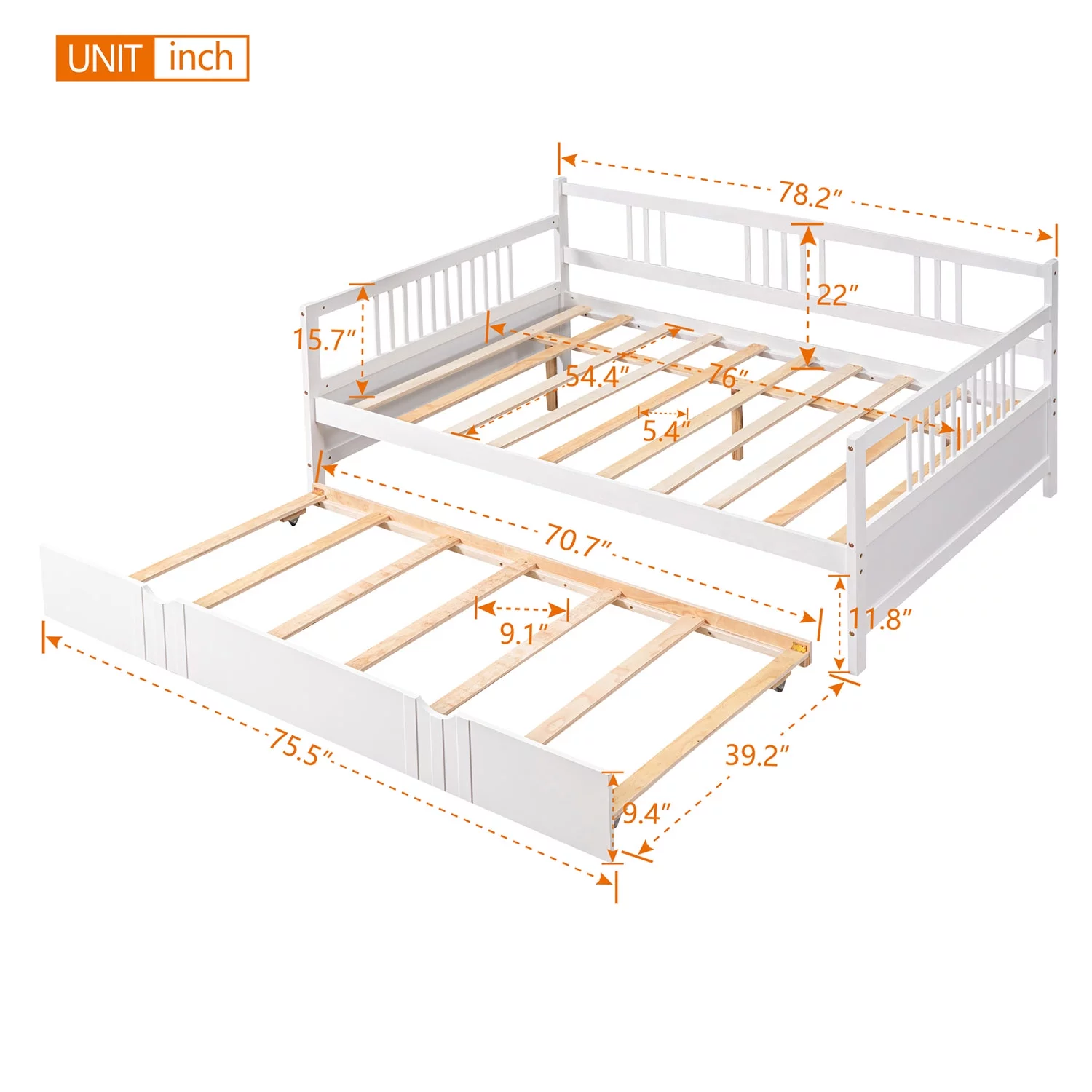 Royard Oaktree Full Size Daybed with Twin Trundle Bed Wood Sofa Bed with Slats Support, White