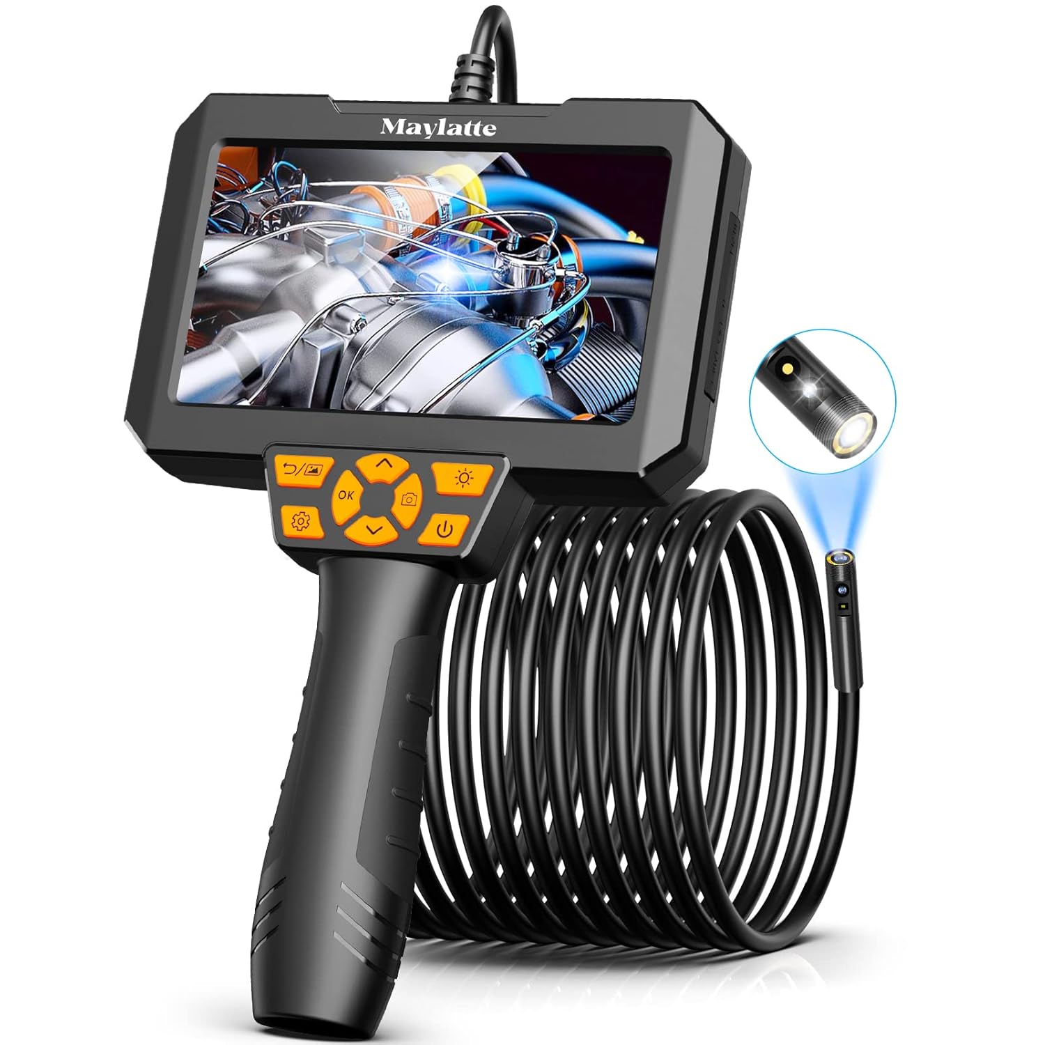 5 Inch Endoscope Camera,Maylatte Dual Lens Borescope with 7 LED Lights,16.5FT Semi-Rigid Cable Inspection Camera with 32GB SD Card