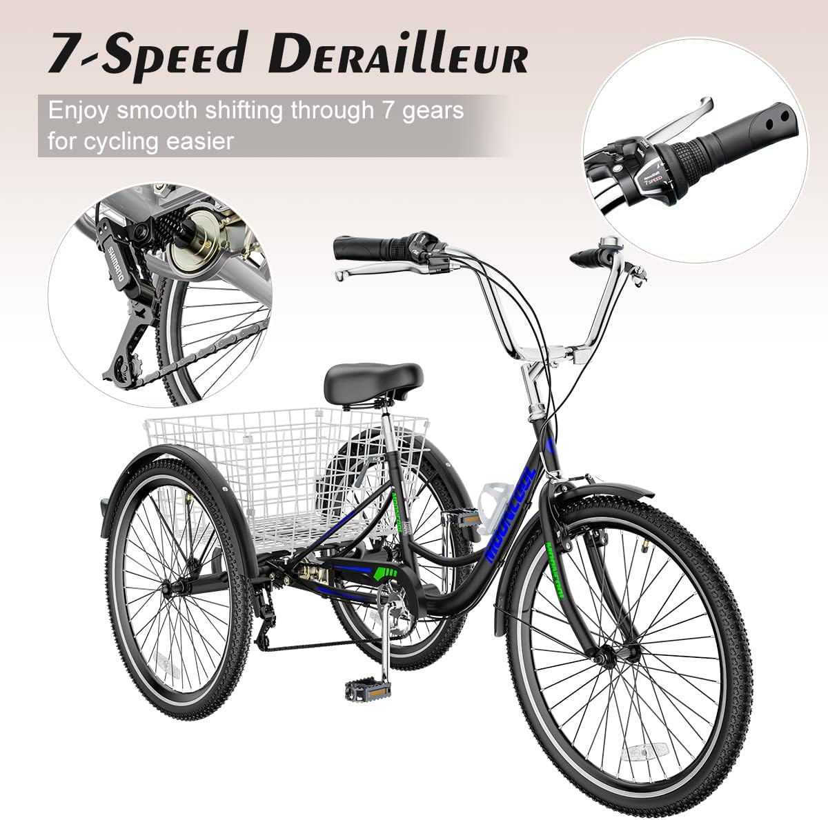 Adult Tricycle 7 Speed 3 Wheel Bike Adult Trikes, Three-Wheeled Bicycles Cruise Trike with Basket for Seniors, Women