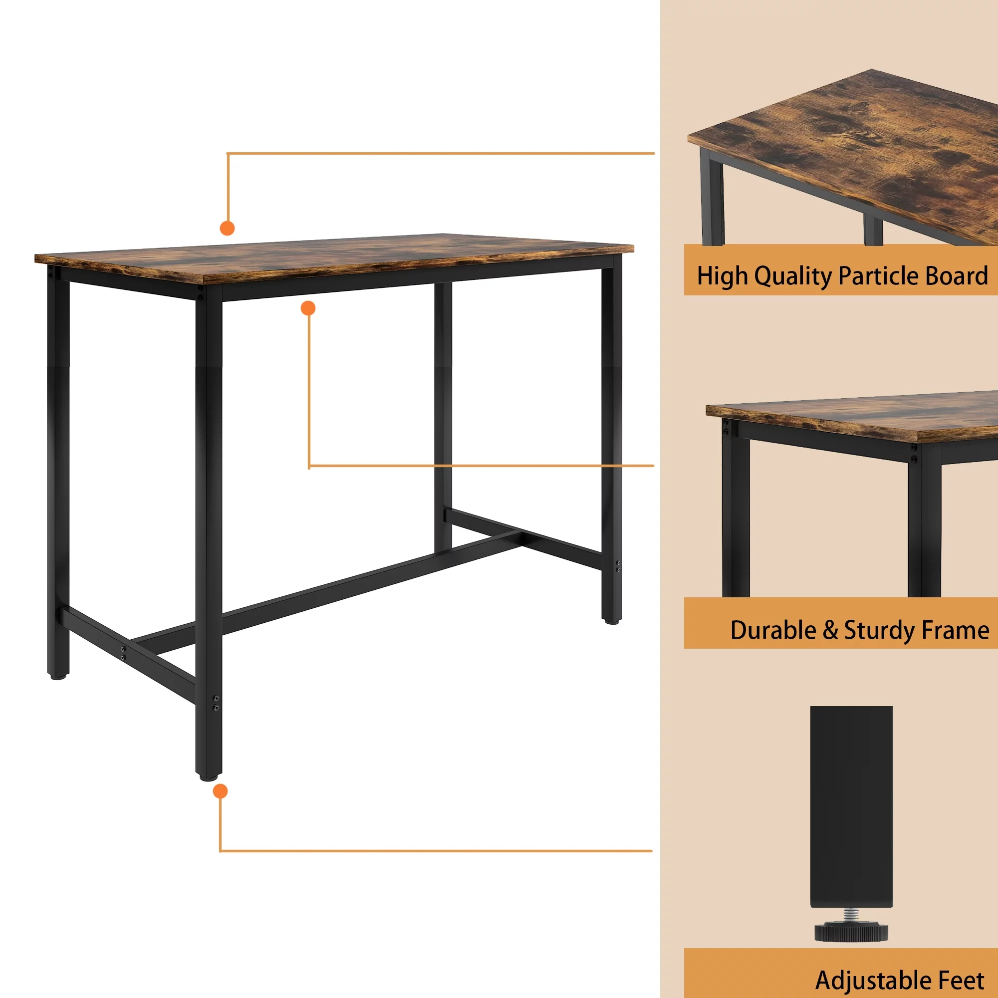 Paproos 5 Piece Dining Table Set, Bar Height Kitchen Table and Upholstered Stools with Backrest, Wooden Table Top and Metal Frame