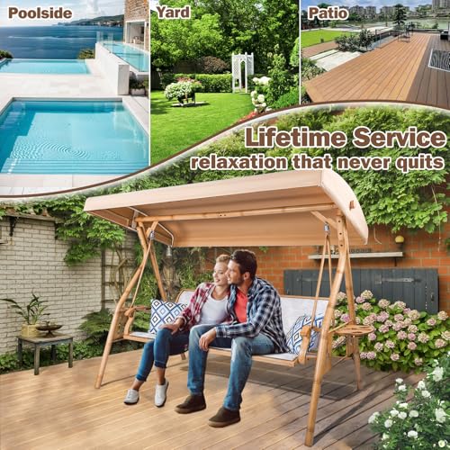 3 Person Patio Swing Outdoor Swing for Adults with Adjustable Canopy &Upgraded Cup Holders Textilene Fabric Porch Swing Chair with Stand Heavy Duty