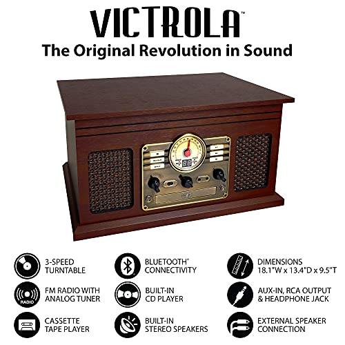 Victrola The Quincy 6-in-1 Bluetooth Record Player & Multimedia Center with Built-in Speakers &ndash; 3-Speed Turntable, CD & Cassette Player