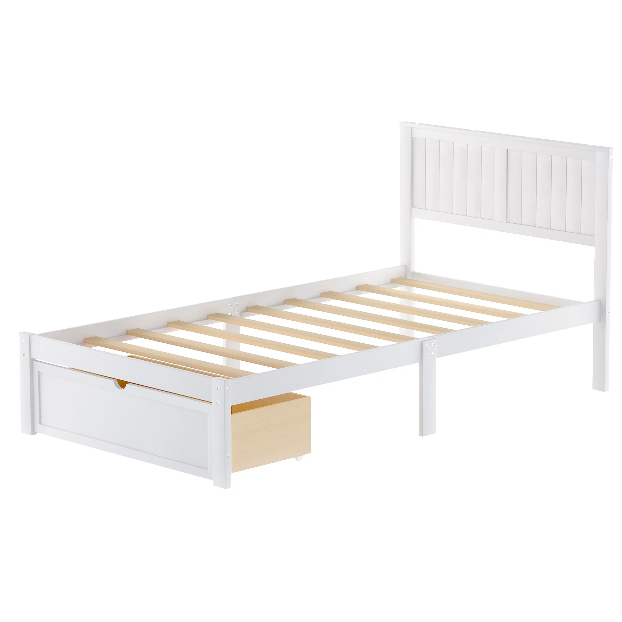Twin Wood Platform Bed with Headboard & Big Storage Drawer for Kids, White