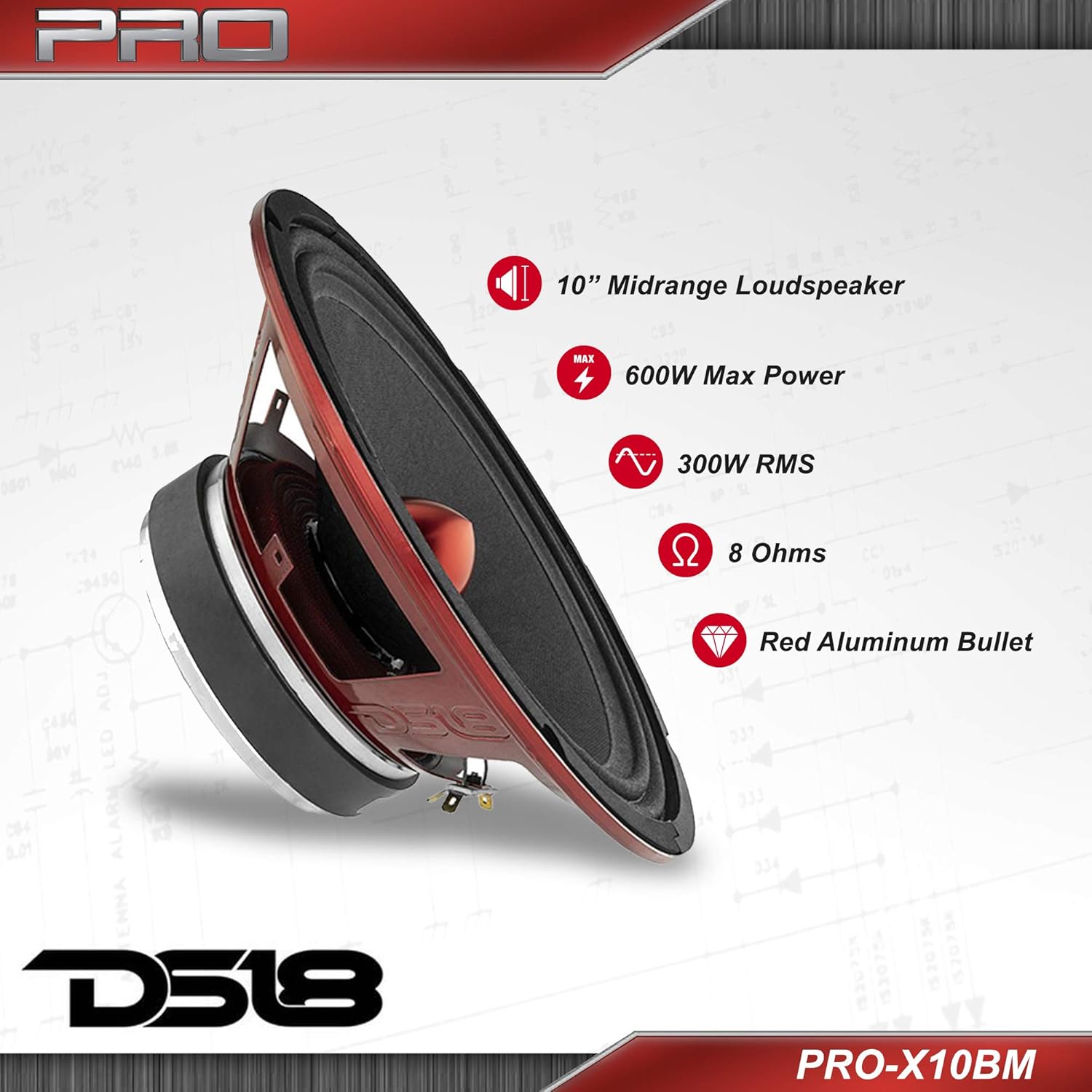 DS18 PRO-X10M Loudspeaker - 10, Midrange, Red Steel Basket, 600W Max, 300W RMS, 8 Ohms