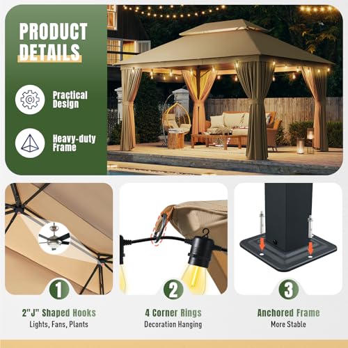 AOXUN Outdoor Gazebo for Patio 10x12, Metal Frame Canopy with Double Roofs