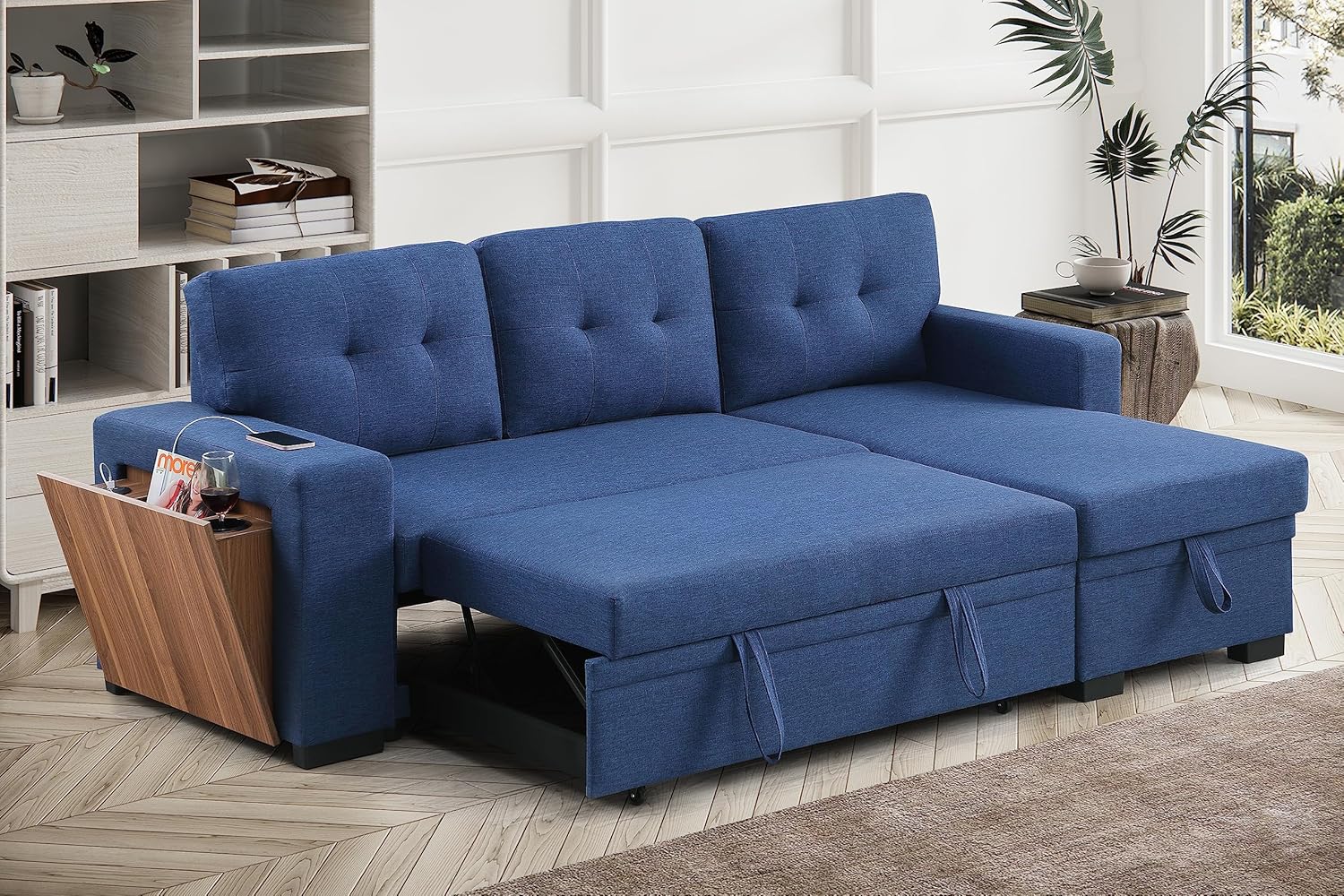 L-Shaped Sectional Sleeper Sofa with Reversible Storage Chaise, Hidden Compartment, Cup Holder, USB Port, and Pull-Out Bed