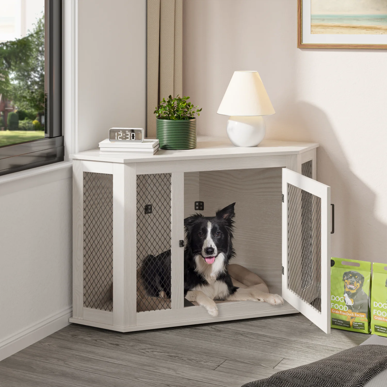 Bossin 44"Corner Dog Crate Furniture，Wooden Dog Kennel Indoor Furniture，Decorative Dog Crate