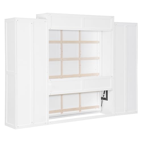 Queen Size Farmhouse Murphy Bed Cabinet with Charging Station, Foldable Platform Bed Frame with 2 Storage Drawers