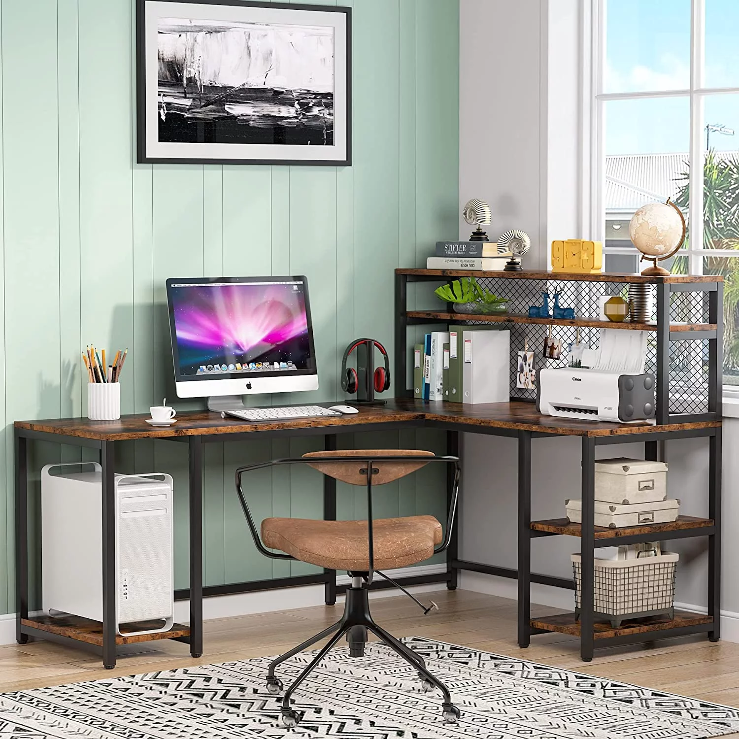 Tribesigns 67" Computer Desk with Hutch Rustic Brown Office Desk Home Study Table with Shelves