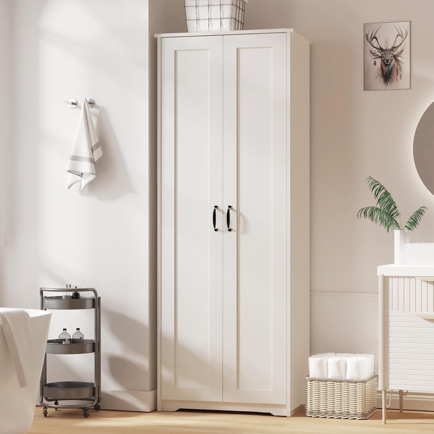 70" Tall Storage Pantry Cabinet, Bathroom Floor Organizer Storage Cabinet with 2 Doors and 6 Adjustable Shelves