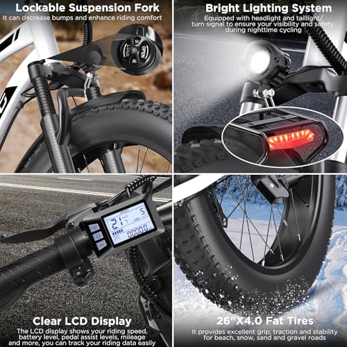Electric Bike for Adults, 1000W Peak Ebike, 25MPH 60Miles Electric Mountain Bike, 26" Fat Tire Electric Bicycle with 48V 13AH Battery, Rear Rack