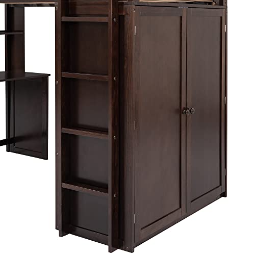 Loft Bed with Desk and Wardrobe Full Size Loft Beds Frame with Storage Drawers Cabinet Wood All in One Beds for Kids Boys Girls Teens Bedroom Dorm