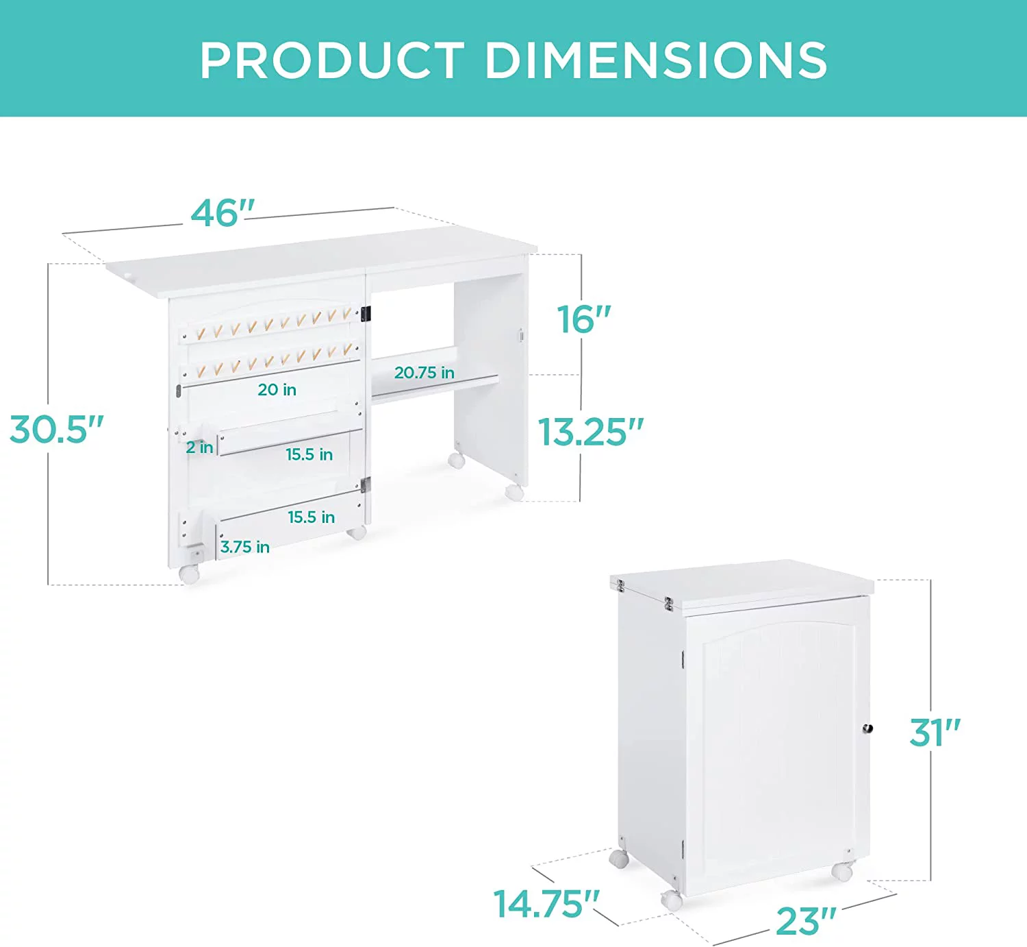 Folding Sewing Table Multipurpose Craft Station & Side Desk with Compact Design, Wheels, Shelves, Bins, Pegs, Magnetic Doors, Metal Doorknobs