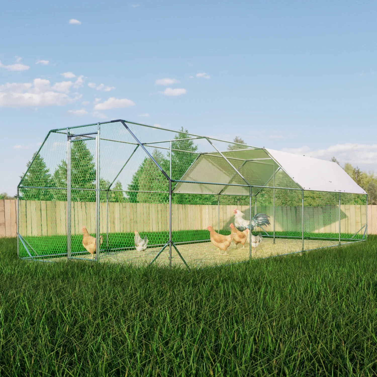 9.94 ft. x 25.68 ft. Galvanized Large Metal Walk in Chicken Coop Cage Farm Poultry Run Hutch Hen House - Curated Treasures Market