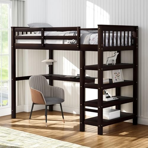Full Size Loft Bed with L-Shaped Desk, Wardrobe and Storage Shelves, Solid Wood Bedframe w/Safety Guardrails & Ladder for Kids Teens Adults