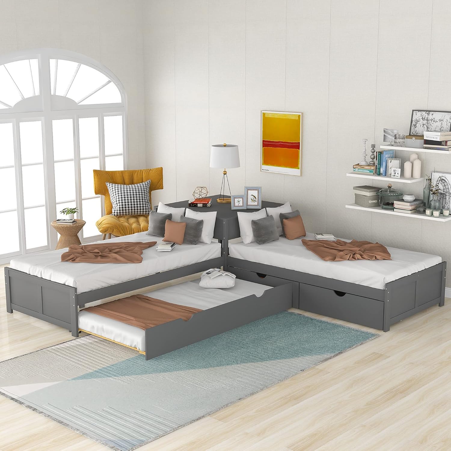 L-Shaped Platform Bed with Trundle and 2 Storage Drawers, Wooden Twin Corner Daybed Frame Linked with Built-in Square Desk, No Noise,for 3 Kids