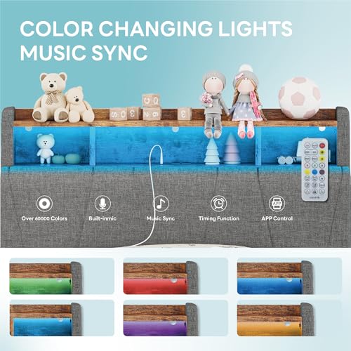 LIKIMIO Twin Bed Frame with 2 Storage Drawers, Charging Station & LED Lights, Upholstered Platform Twin Bed with Storage Headboard