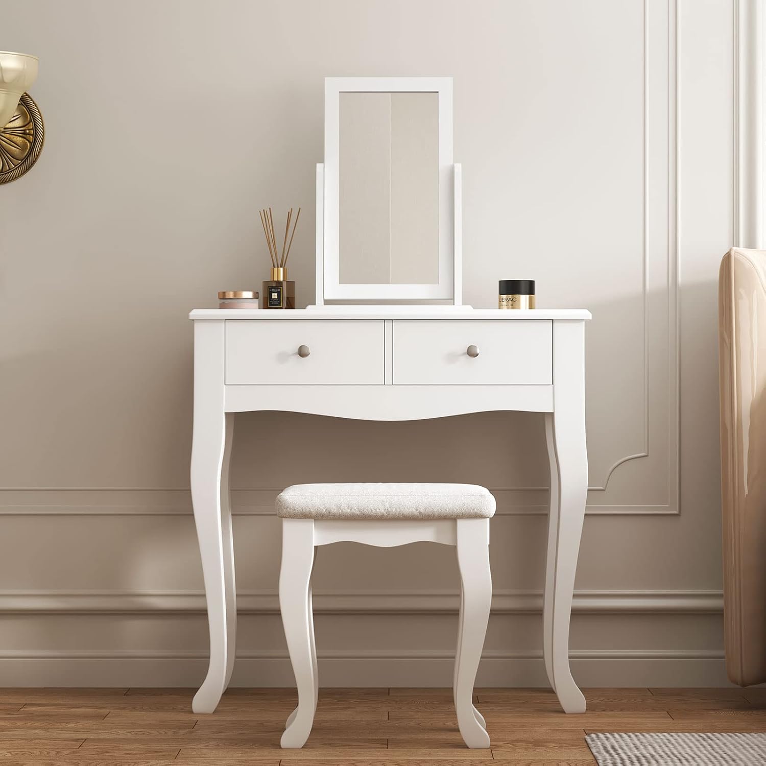 sogesfurniture Vanity Dressing Table Set Wooden Contemporary with 360° Pivoting Mirror and Stool